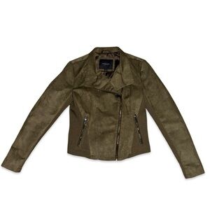 Marc New York Andrew Marc Army Green Faux Suede Moto Jacket Asymmetrical Zip up